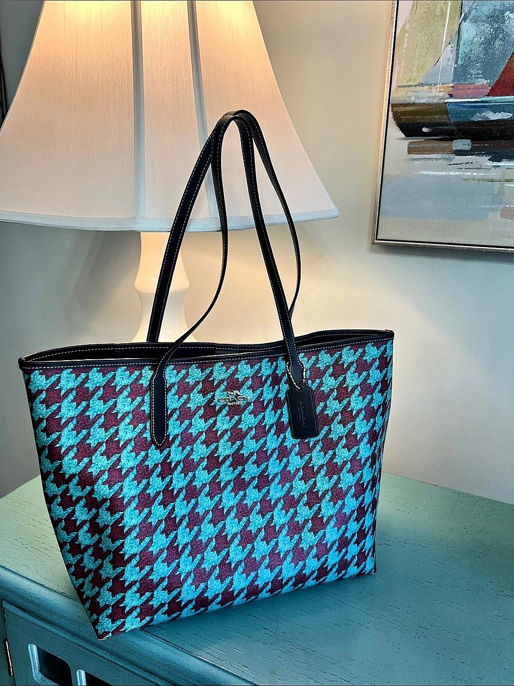 Coach C1625 Houndstooth Tote in Teal & Burgundy